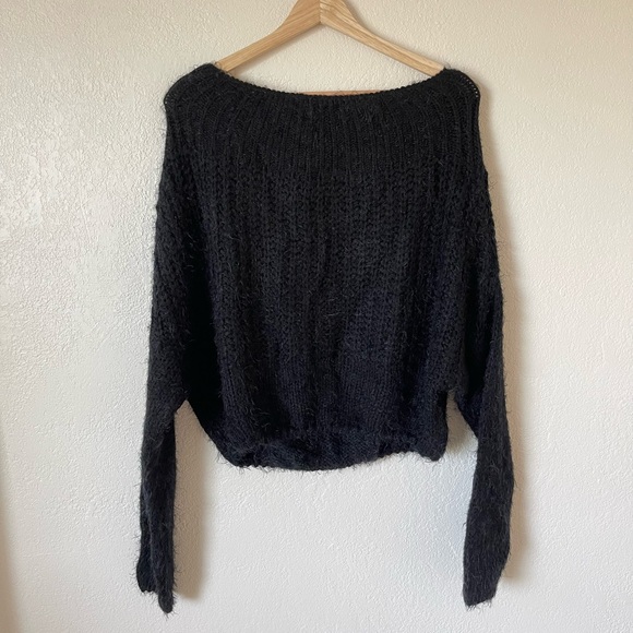 Main Strip Off The Shoulder Eyelash Knit Black Sweater - Picture 4 of 4
